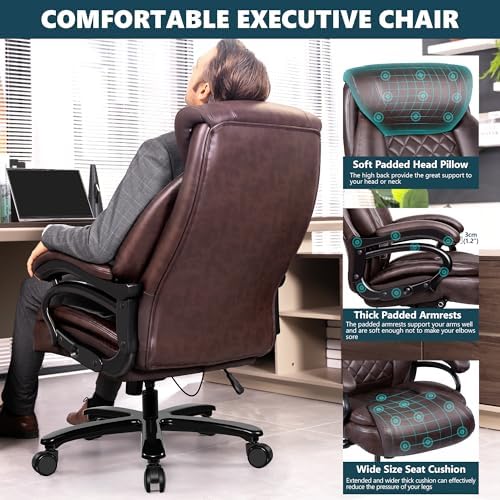 Big and Tall 500lbs Office Chair,Heavy Duty Large PU Leather Executive Desk Chair with Wide Seat, Adjustbale Ergonomic Lumbar Support High Back Rocking Computer Chair for Heavy People