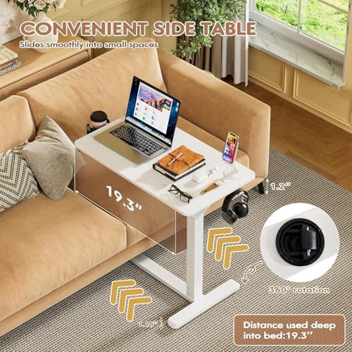 Furmax Mobile Standing Desk with Wheels, Pneumatic Adjustable Rolling Computer Desk Laptop Table for Bed, Couch (White-1,Small)