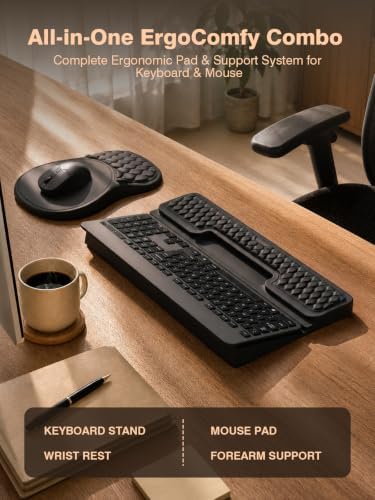 Ergonomic Keyboard and Mouse Pad Combo with Stand/Wrist Rest, Black