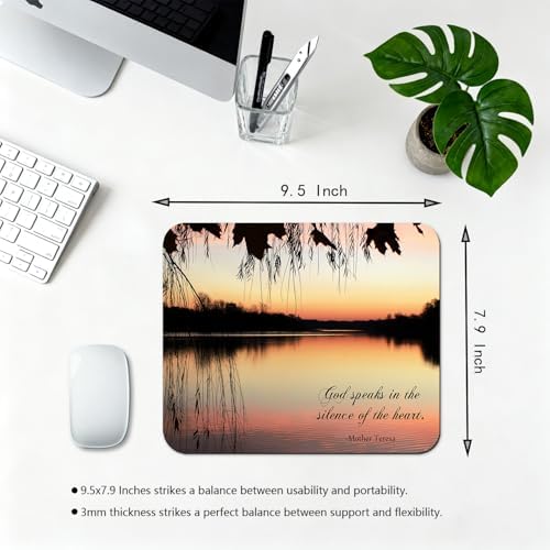 9.5x7.9 Inch Office/Gaming Mouse Pad, God Speaks in The Silence of The Heart Inspirational Quote, Serene Lake Scene at Sunset Christian Bible Verse Scripture Cute Anti-Slip Mat for Desk