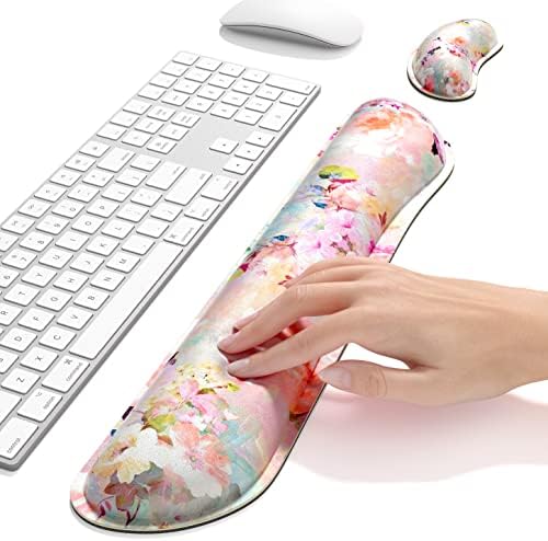 Dapesuom Enlarge Keyboard Wrist Rest, Memory Foam Wrist Cushion for Desk Mats Support, Cute Flower Pain Relief Keyboard Mouse Pad Rests Set with Non-Slip Base for Gaming Laptop Office, Peonies Floral