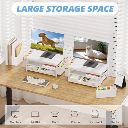 OPNICE Desk Organizers and Accessories, Computer Monitor Stand Riser with Drawer and 2 Pen Holders, Printer & Laptop Stand, Office Desk Accessories & Workspace Organizers for Home Office Supplies, White