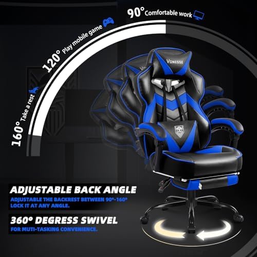 Vonesse Gaming Chair, High Back Gaming Chair with Footrest and Massage, Gaming Chairs for Adults with Pocket Spring Cushion, Big and Tall Reclining Computer Chair with Lumbar Support (Blue/Black)