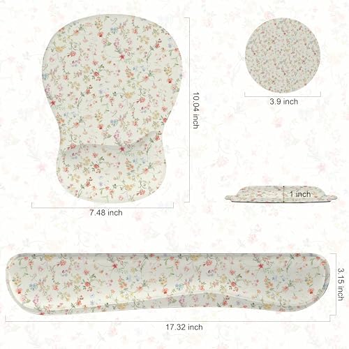 Wrist Rest Support for Mouse Pad Keyboard Set Circle Coaster Gaming Mouse Pad Ergonomic Gel Memory Foam Set for Computer, Laptop, Office, Pain Relief, Comfortably Typing Flowers KM-39