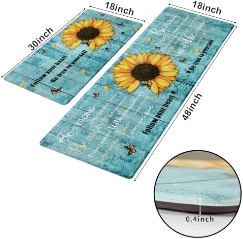 Likiyol Sunflower Kitchen Rugs Set of 2 Anti-Fatigue Mats, Spring Non-Slip Washable Floral Standing Floor Mat, 18''x30''+18''x48'' (Blue)