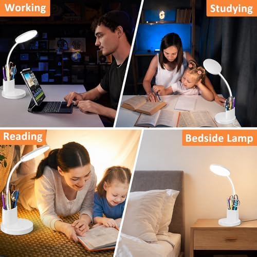 LED Desk Lamp for College Dorm with Pen Phone Holder, White