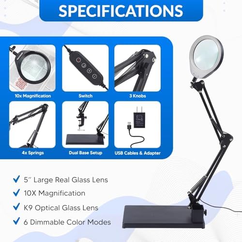 YOCTOSUN 10X Magnifying Glass Lamp with 6 Color Modes Stepless Dimmable, 96 LEDs and 5" Real Glass Lens, Adjustable Swivel Arm Desk Magnifier with Light and Stand for Crafts Hobby Close Work
