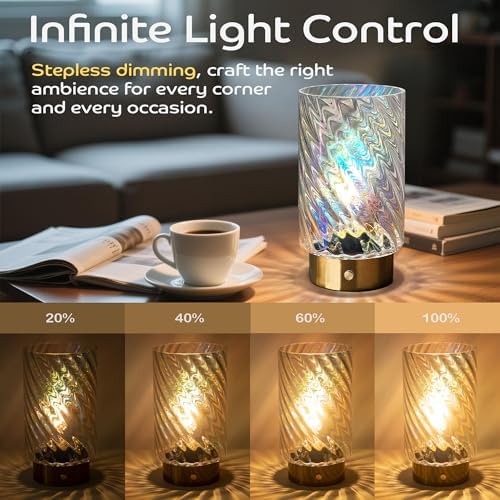 LUSHARBOR Battery Operated Table Lamp with Timer, Stepless Dimming Bedside Lamp Battery Powered Cordless Lamp for Home Decor Entryway/Living Room/Coffee Table/Shelf Transparent