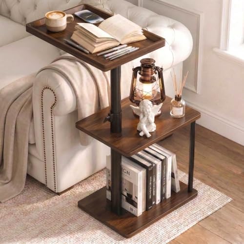 Faesun C Table End Table Adjustable Height, 360°Swivel TV Tray Table for Small Spaces, Small Nightstand for Living Room, Bedroom, Walunt