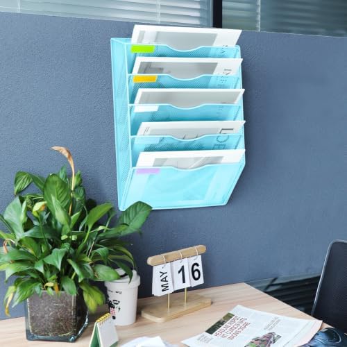 5 Pockets Mesh Wall File Holder Organizer Office Hanging File Folder Magazine Rack, Nametag Label Hooks Set Included (Blue)
