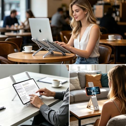 LIENS Laptop Stand, Adjustable Aluminum Ergonomic Riser - 7-Angle, Foldable Portable Ventilated Cooling, Compatible with MacBook Air Pro, HP, Dell, Lenovo, All 10-17 Inch Laptops (Silver)