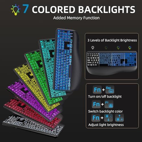 Hamile Large Print Wireless Backlit Keyboard for Windows, Black