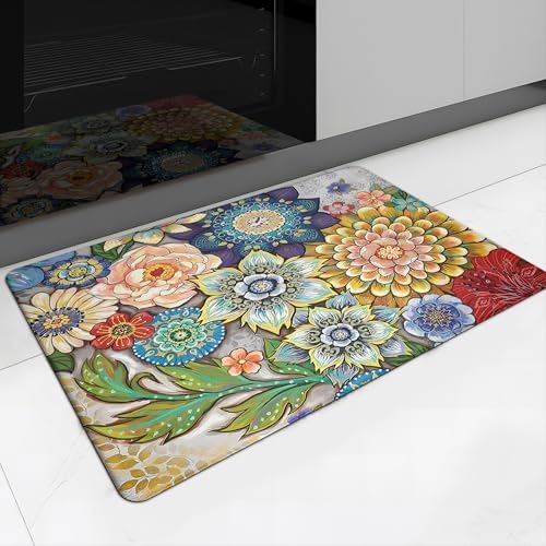 Floral Kitchen Rug Mat for Floor Boho Cushioned Anti-Fatigue Mat Non-Slip Standing Desk Waterproof Comfort Floor Mat for Sink, Office, Laundry, 17.3x28 Inch