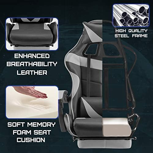Huracan Gaming Chair with Footrest, Ergonomic Computer Chair Lumbar Support, Adjustable High Back Recliner for Adults, Racing Style Video Gaming Chairs, for Home Office Streaming, Grey