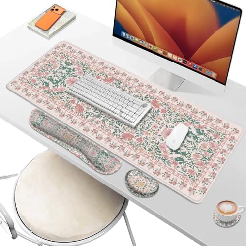 Desk Pad and Keyboard Wrist Rest, Large Mouse Pad + Keyboard Pad+Mouse Wrist Support, Non-Slip Desk Mat Protector for Office, Home 31.5×11.8 Inches Pink Floral