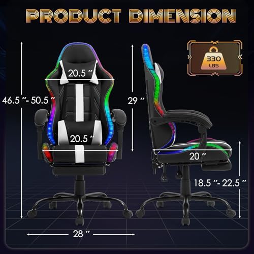 ECOTOUGE Gaming Chair with Footrest, Lumbar Massage & RGB LED Lights, White