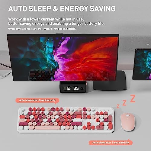 Cute Wireless Keyboard Mouse Combo,Colorful Round Keys,for Long Nails,Pink