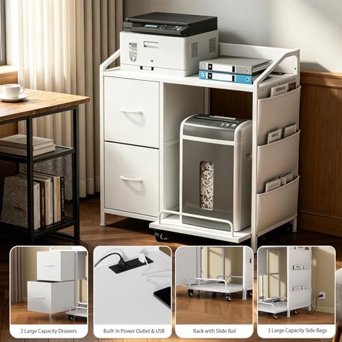 Printer Stand with Fabric Drawers, Lateral Office Filing Cabinets with Power outlets & USB Charging Port, File Cabinet with Large Printer Stands for Home Office, Shredder Stand Rack (White)
