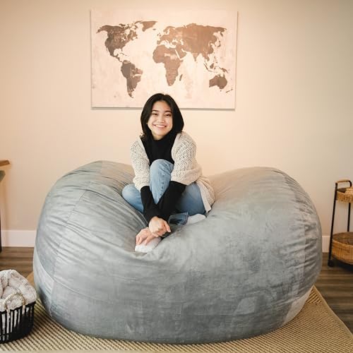 Big Joe Fuf 7Ft Giant Foam Bean Bag Chair, Oversized Couch with Removable Cover for Kids, Teens, Adults, Gray Plush, Soft Polyester, 7 Foot