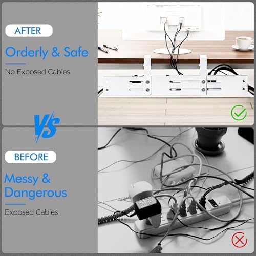 No Drill Under Desk Cable Management Tray, 17”-30” Retractable Cord Organizer for Table, Clamp Mount Wire Basket, Power Strip Holder & Metal Cord Organizer for Office, Home, White