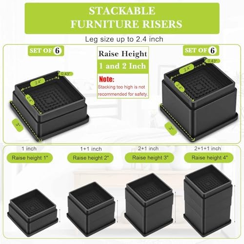 6 Pack Furniture Risers 3 Inch, Adjustable Bed Risers Heavy Duty for Table Desk Couch Chair Sofa Cabinet Bed Frame Dorm, Square Stackable Table Leg Risers Lift Height 1", 2” or 3", Black