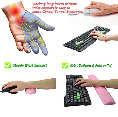 BRILA Memory Foam Mouse & Keyboard Wrist Rest Support Pad Cushion Set for Computer, Laptop, Office Work, PC Gaming - Massage Holes Design - Easy Typing Wrist Pain Relief (Pink Bundle)
