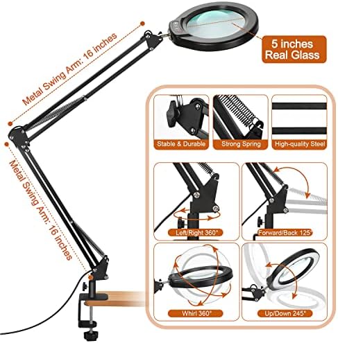 VEEMAGNI 5 Inch Large Magnifying Glass with Light and Stand, 5 Color Modes Stepless Dimmable, 2*16 Inch Swivel Arm LED Clamp Desk Lamp, Hands Free 15X Lighted Magnifier for Close Work Crafts Soldering