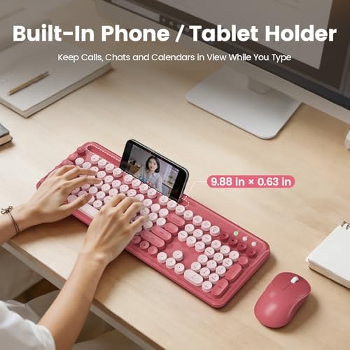 Wireless Keyboard and Mouse Combo, Retro Round Keycaps, Full-Size Stylish Typewriter Keyboard with Large Phone/Tablet Holder, 3-Level DPI Ergonomic Mouse, 2.4GHz Cordless for Windows PC, Rose Pink