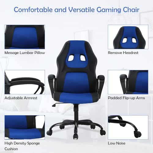 Blue Massage Gaming Chair for Kids, Ergonomic Office Chair Computer Chair with Adjustable High Back & Armrest, PU Leather Gamer Chair with 360°Swivel, Heavy Duty Gaming Chairs for Adults, Teens