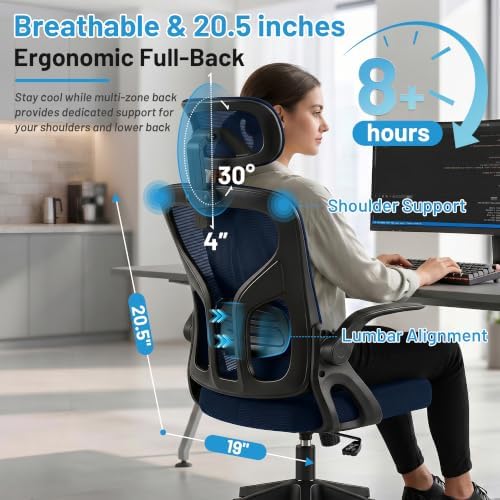 Office Chair Ergonomic Desk Chair with Adjustable Headrest Lumbar Support, High Back Breathable Mesh Chair with 120° Tilt & Flip-Up Armrests, Swivel Comfy Task Computer Chair for Work, Study