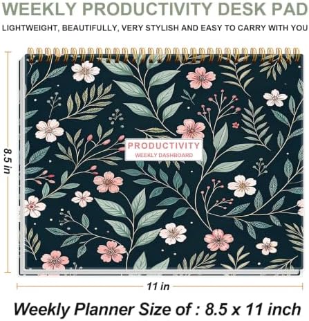 Weekly Productivity Dashboard - 8.5" x 11" Dashboard Desk Notepad Has 6 Focus Areas to List Tasks for Goals, Projects, Clients, Academic or Meal-Organize Your Daily Work Efficiently, 54 Weeks, Flower-C