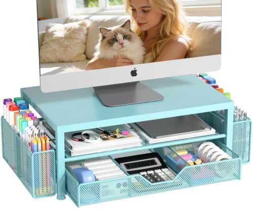OPNICE Desk Organizers and Accessories, Computer Monitor Stand Riser with Drawer and 2 Pen Holders, Printer & Laptop Stand, Office Desk Accessories & Workspace Organizers for Home Office Supplies, Soft Blue
