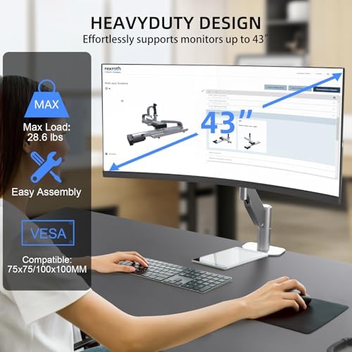 Suptek Ultrawide Monitor Arm Mount for 17 to 43 Inch Heavy Duty Curved Screen,Holds 28.6 lbs,Adjustable Gas Spring Monitor Arm Desk Mount Stand,75/100 Vesa Mount,Silver(MD71MS)