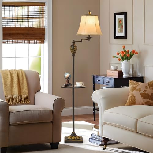 Traditional Floor Lamp with Tray, Remote Dimmable, 350°Swing Arm,Black Gold