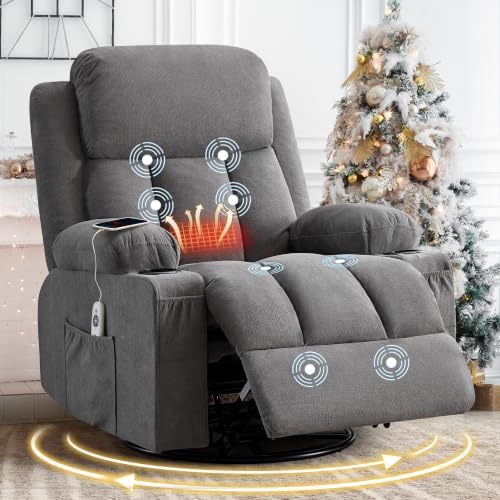 MAHOMICO Swivel Rocker Recliner Chair with Vibration Massage and Heat for Living Room,with Rocking Function and Side Pocket, USB Charge Port,2 Cup Holders