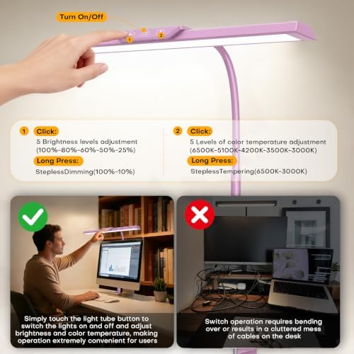 MOICO LED Desk Lamp with Clamp for Office Home-(Pink, 12.8in)