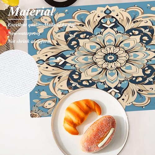Shrahala Floral Intricate Set of 4 12 X 18 Inch Linen Placemats, Beautifully Detailed Flower Burlap Table Mat Washable Double Layered Heat Insulation for Indoor/Outdoor