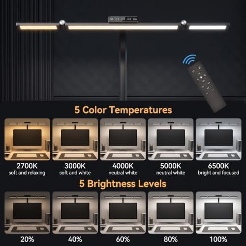 24W LED Clamp Desk Lamp, 3 Light Bars Architect Desk Light with Motion Sensor & Remote, Eye Caring Stepless Dimming Table Lamp for Home Office Study, Black