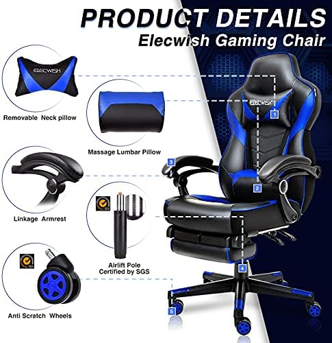 ELECWISH Ergonomic Gaming Chair, Reclining Computer Chair,Blue-Black