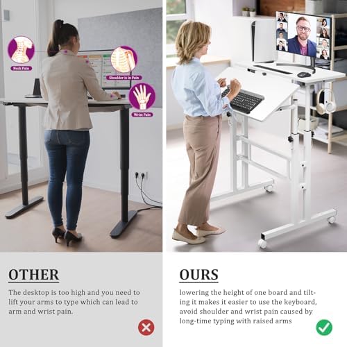 Enayplon Small Standing Desk with Wheels, Mobile Stand Up Desk, Portable Standing Table on Wheels for Walking Pad, Rolling Computer Desk Adjustable Height, Tall Table