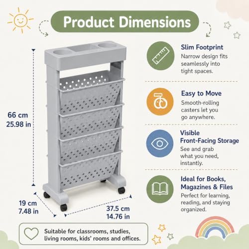 5-Tier Rolling Bookshelf Cart with Wheels, Gray