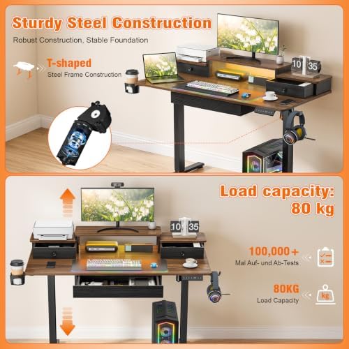 Height Adjustable Desk 47.2" Electric Standing with Drawers RGB