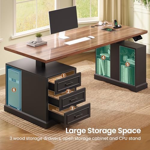 SEDETA 63" Farmhouse Electric Standing Desk with 3 Drawers, Storage Shelves