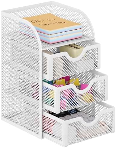 EasyPAG Mesh Desk Organizer with 3 Drawer Office Desktop Organizers and Accessories Stationery Caddy for Office, Home, Students, White