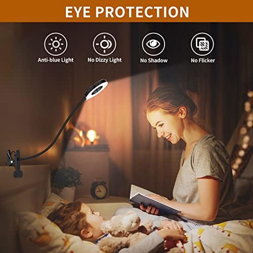 iZELL Desk Lamp, LED Reading Light with Clamp, 3 Color Modes & 10 Brightness Flexible Arm Book Light for Kids Reading Book in Bed at Night Clip on Table, Computer, Zoom Meetings - 27.6‘’ Black