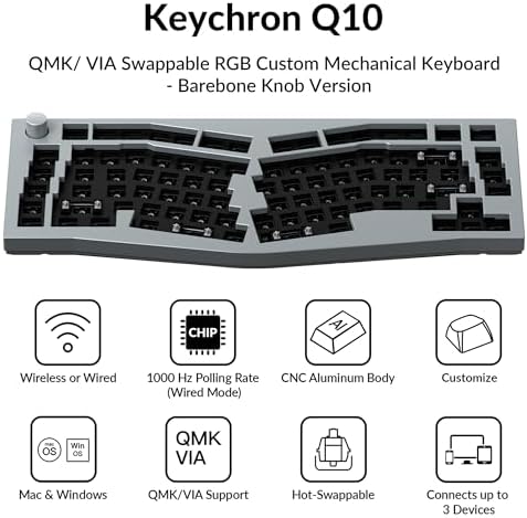 Keychron Q10 QMK Custom Mechanical Keyboard Barebone, 75% Alice Layout Ergonomic CNC Aluminum Case, Hot-swappable RGB Backlight, Programmable Knob & Macro Keys, Wired USB-C, Mac Windows Linux, Grey