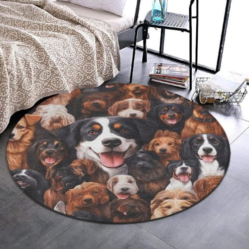 Room Sofa Yoga Soft Round Carpet, Home Decor Non Slip Kitchen Office Circle Rug, Machine Washable Modern Round Area Rug Husky Shepherd Dog Golden Hair Dog Puppy, 36inch