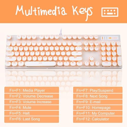 Camiysn Typewriter Style Mechanical Keyboard, Retro Punk Gaming Keyboard with Gold LED Backlit, Cute Wired Keyboards,104 Keys Full Size Keyboards, Uique Round Keycaps for Windows/Mac/PC(White&Gold)