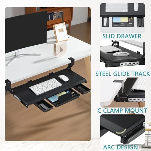 ETHU Under Desk Keyboard Tray with Metal Slide Rail, 26.8x11.8", Black