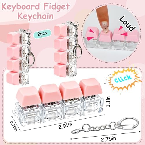 2 PCS Keyboard Fidget Toy, Keyboard Fidget Keychain 4-in-1 Keyboard Decompression Button Finger Clicker Toys, Button Stress Relief Fidget Gifts to Relief Stress (Pink)